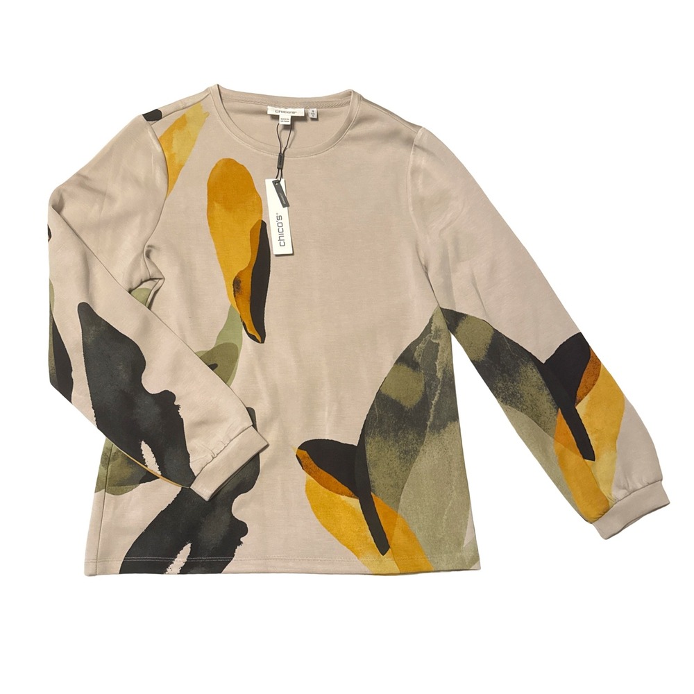Chicos Zenergy Soft Scuba LT Garden LS Top Smokey Taupe Abstract Leaf Size 0 S
